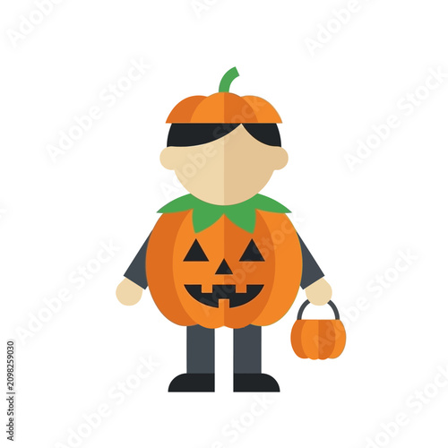 A flat vector illustration of a child wearing a pumpkin costume for Halloween