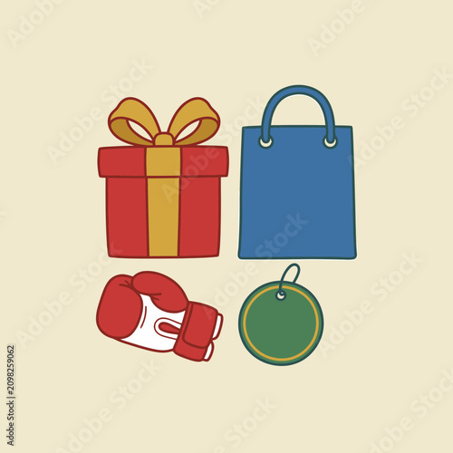 A set of colorful icons representing Boxing Day shopping and gifts
