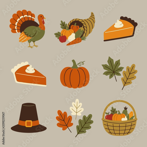 A collection of cute Thanksgiving and autumn harvest vector illustrations