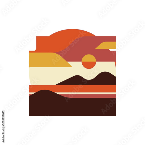 A minimalist retro landscape illustration of a sunset over mountains