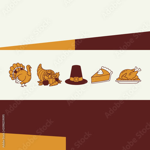 A set of simple Thanksgiving icons featuring a turkey, pie and pilgrim hat