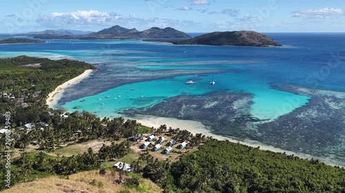 Drone view of a beach resort and sandbar, Oarsmans Bay, Nacula Island, Fiji