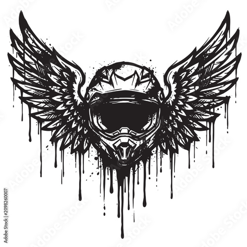 Detailed motocross helmet with wings and dripping paint effect in graffiti black and white style isolated on a white background