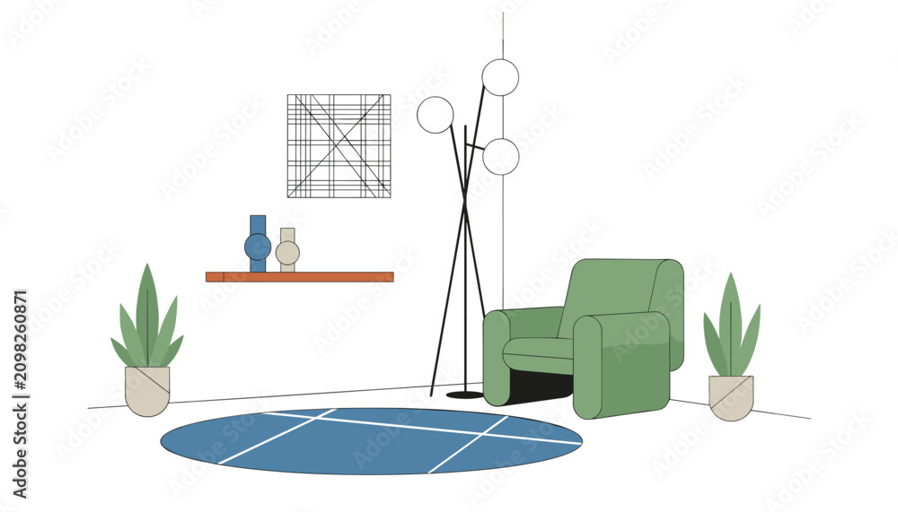Fototapeta premium Cozy living room interior featuring a green armchair next to a tall floor lamp with indoor plants and a round rug on the floor.
