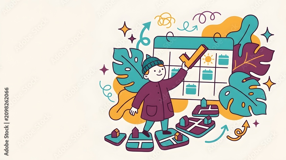 Fototapeta premium Happy Tourist Planning Travel Schedule Putting Check Mark on Calendar Checking Route on Navigation Map