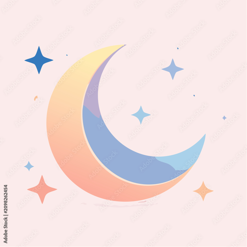 Fototapeta premium Pastel crescent moon and stars illustration on a light background