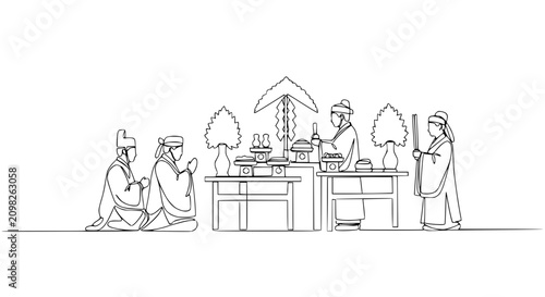 Konstfotografi Traditional Japanese Wedding Ceremony: Line Art Illustration of Shinto Ritual