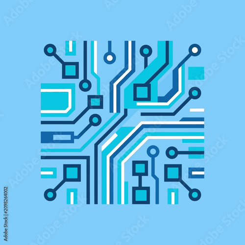 A stylized blue electronic circuit board icon on a light blue background