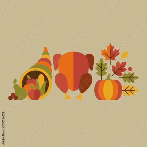 A flat vector illustration of Thanksgiving symbols on a beige background