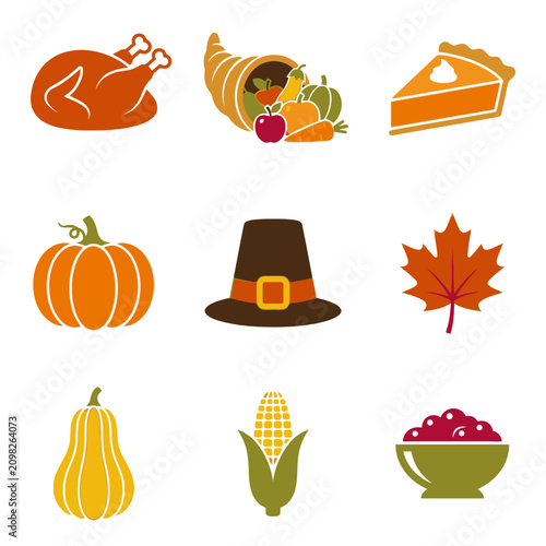 A collection of flat Thanksgiving holiday icons on a white background