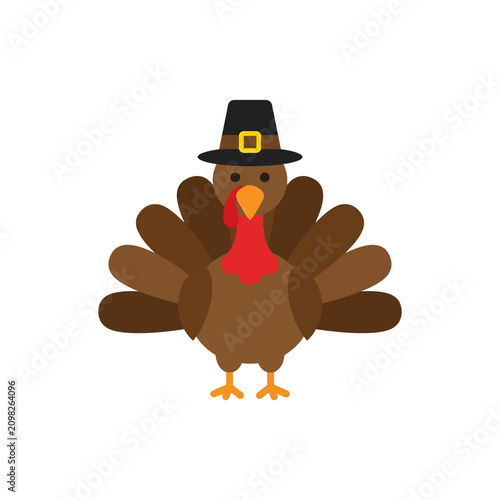 A cute cartoon Thanksgiving turkey wearing a pilgrim hat isolated on white