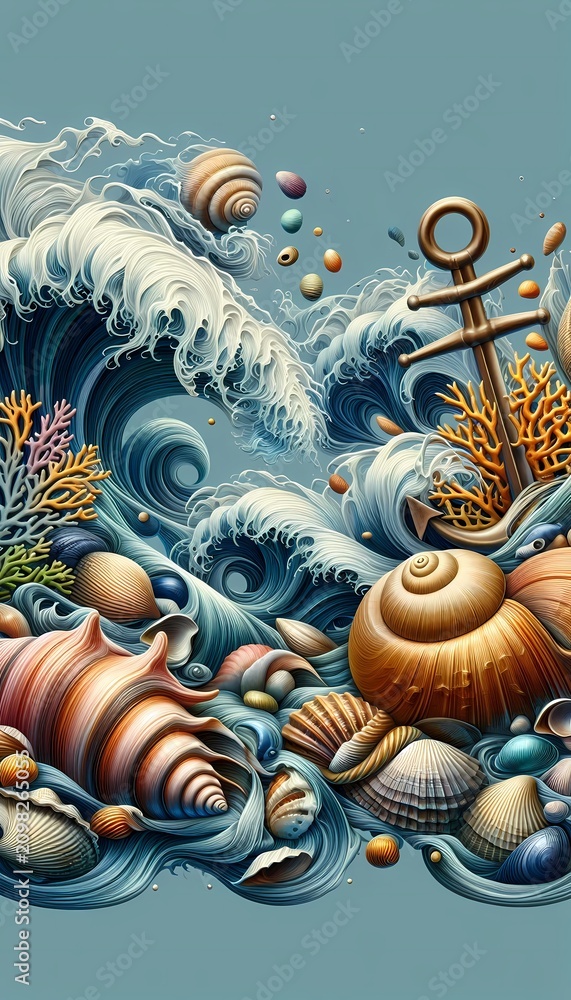 Fototapeta premium A detailed graphic border with an assortment of seashells arranged in a symmetrical marine composition, Ai generated image
