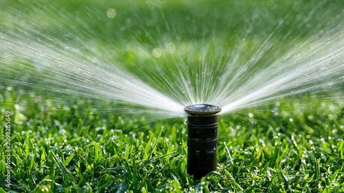 Pop-up sprinkler spraying water mist to irrigate green lawn, outdoor garden watering gear for horticulture landscaping water saving graphic design