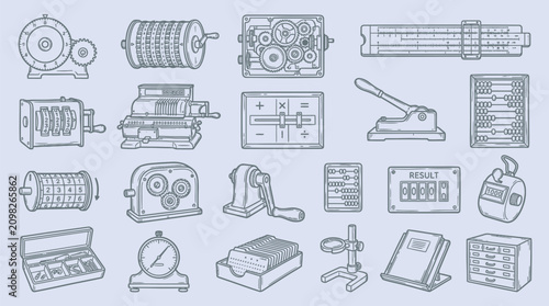 Quadro em tela Collection of vintage mechanical devices and office equipment, hand-drawn illustration