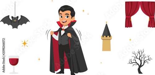 Billede på lærred Cute Little Boy Wearing Vampire Count Dracula Costume Holding Cape Vector Charac