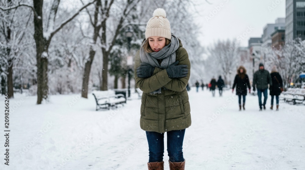 Fototapeta premium A young woman stands in a snowy park, arms crossed and shivering. She wears a warm winter coat, a scarf, and a knitted hat.