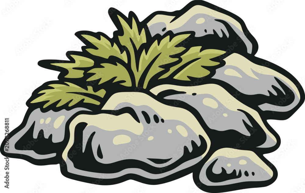 Obraz premium Stylized cartoon rock pile with green fern sprouting between gray stones, bold black outline, cream highlights, and retro vector shading, isolated on white