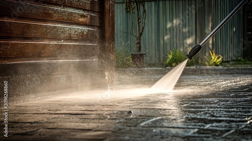 High pressure washer outdoor ground cleaning work, courtyard pavement brick decontamination service, professional cleaner washing paved walkway, dirty stone slab before and after comparison