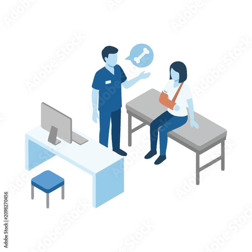 An isometric illustration of a doctor consulting a patient with a broken arm