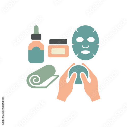 A flat vector illustration of skincare products and spa treatment items