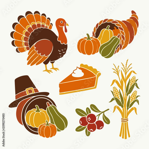A collection of Thanksgiving holiday vector illustrations on a white background