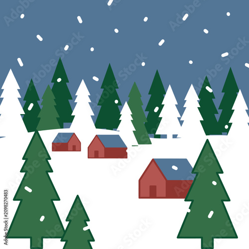 A flat vector illustration of a cozy winter village in a snowy forest
