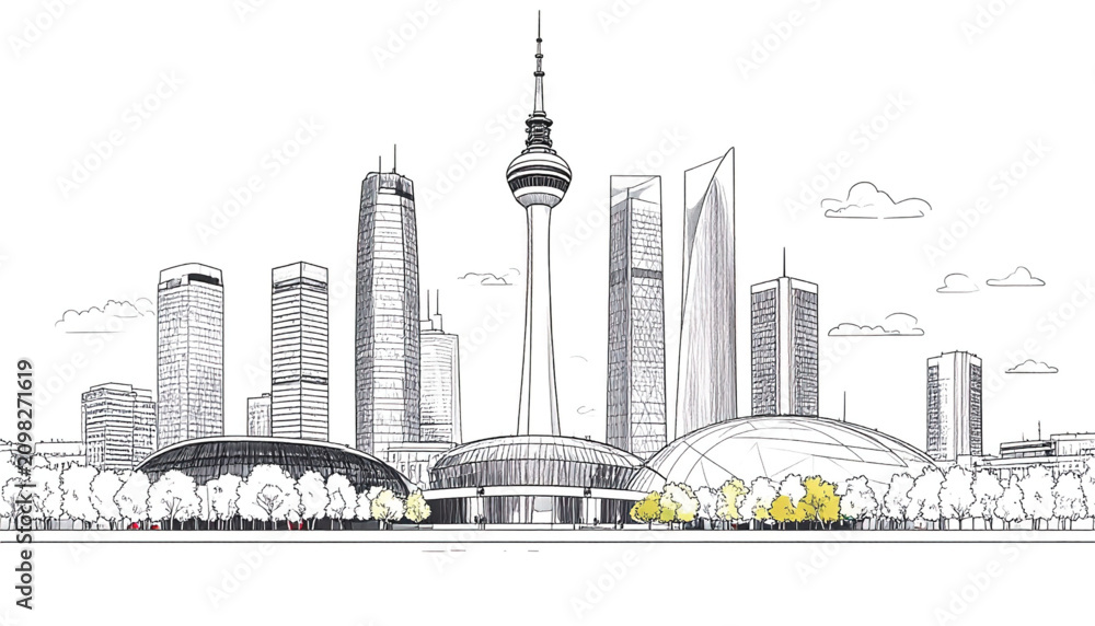 Fototapeta premium Sketchy Cityscape with Modern Architecture and Trees - Vector Illustration
