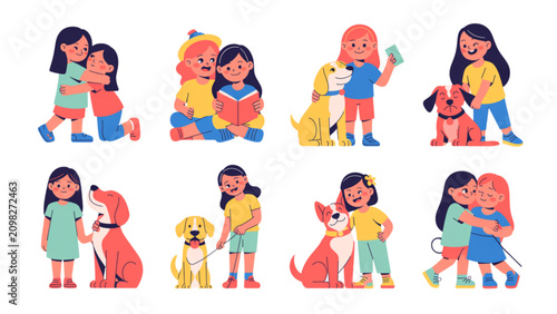 Foto Colorful cartoon children playing with different toys and costumes Vector