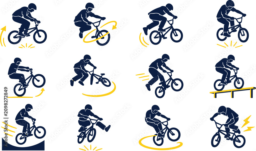 Obraz premium BMX bike rider performing freestyle tricks silhouette icons set