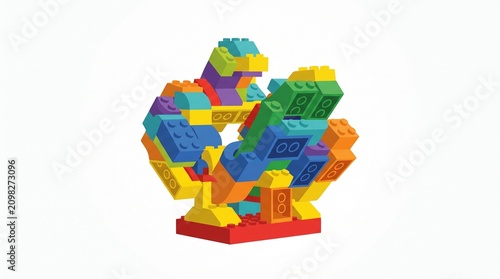 Colorful Abstract Sculpture Built from Multicolored Plastic Interlocking Building Bricks Isolated on a Clean White Studio Background