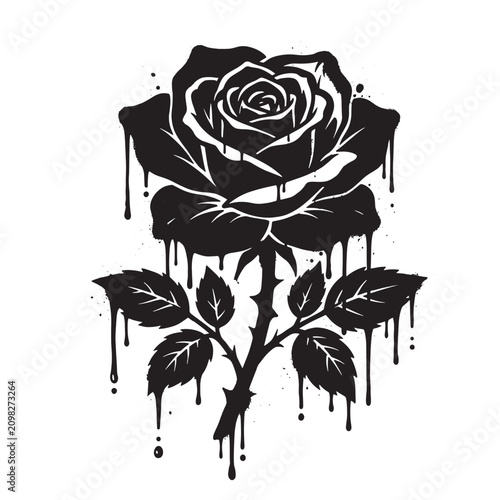 Graffiti black and white rose flower with dripping ink paint splatter effect, botanical for tattoo or print on white background