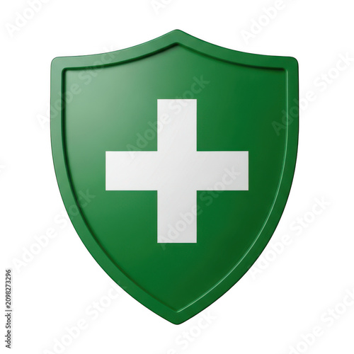 Green shield icon with a white medical cross symbol isolated on transparent background