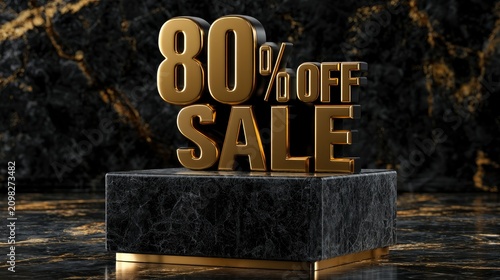 80 percent off gold sale sign standing on marble pedestal in a dark luxury studio sharp focus cinematic shot for retail promotional advertising