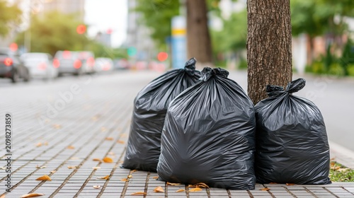 Black plastic garbage bags left on the sidewalk next to a tree trunk in the city