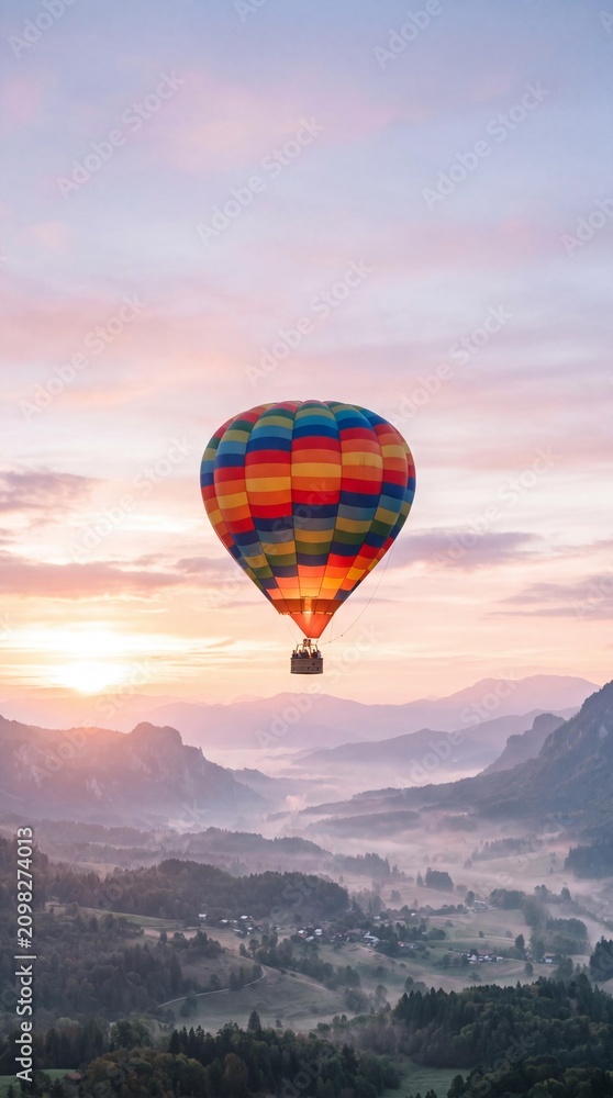 Fototapeta premium Colorful Hot Air Balloon Floating Over Misty Valley at Sunrise