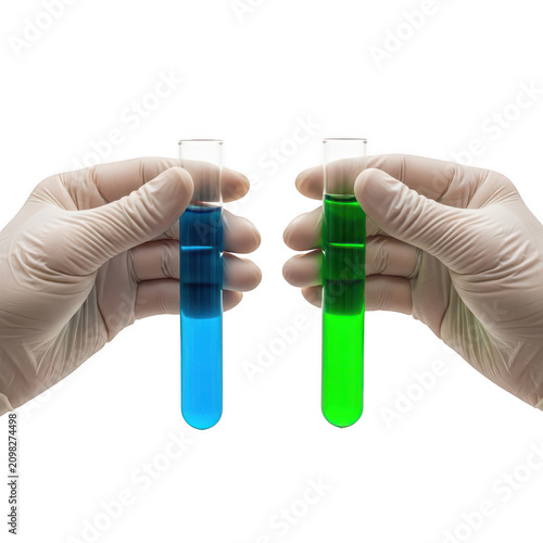 Hands holding test tubes with blue and green liquid isolated on transparent background