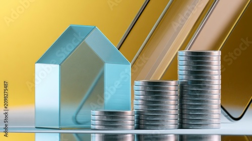 Glass house model and silver coin stacks on a reflective surface in a sharp focus macro shot for real estate investment and mortgage marketing