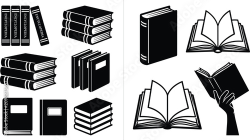 фотографія Library book stacks and reading hand silhouette icon set featuring hardback nove