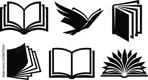 Open book and reading education silhouette icon set featuring bird wings pages literature school library bookstore and academic knowledge logos vector