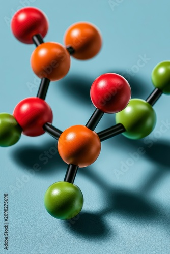 Molecular structure model with colorful atoms on blue background in a sharp focus macro shot for pharmaceutical and science education marketing