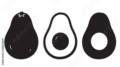 Three minimalist avocado with smooth graffiti black silhouettes, white background, simple fruit shapes for healthy food branding and projects