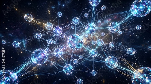 Futuristic Network of Glowing Spheres Interconnected in Space