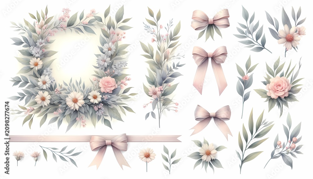 Fototapeta premium A watercolor modular border set with botanical elements that can be arranged in multiple configurations, Ai generated image