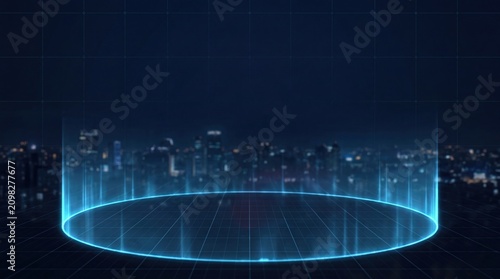 glowing geofencing boundary materializing in urban night skyline technology concept