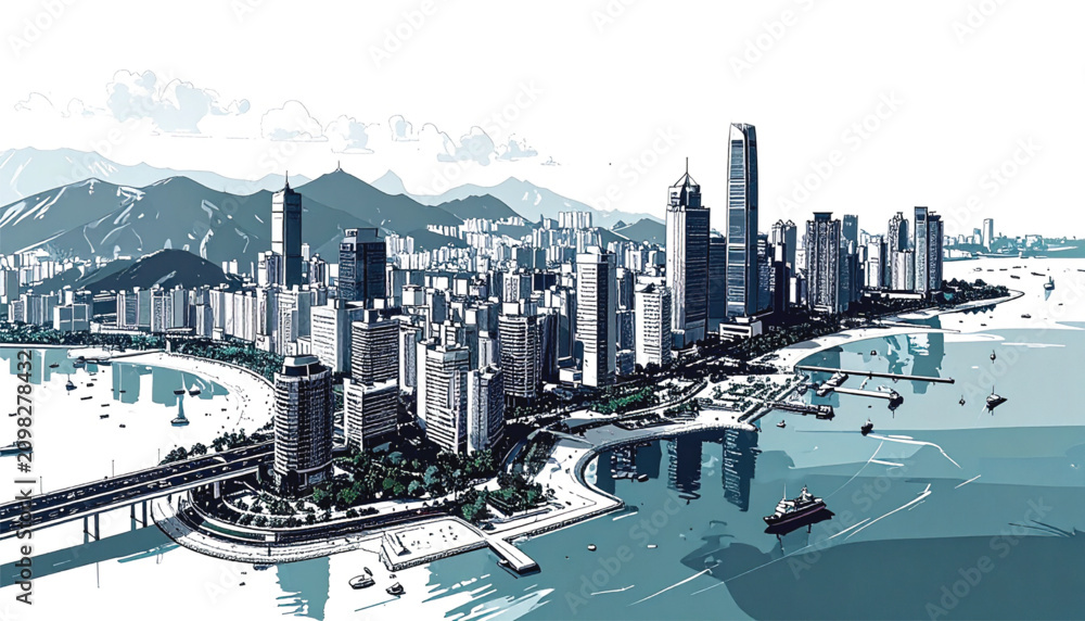 Fototapeta premium Modern Cityscape with Busy Highway and Waterfront Reflection