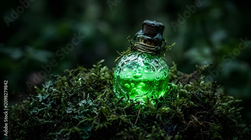 Glowing green magic potion bottle resting on moss in a dark forest