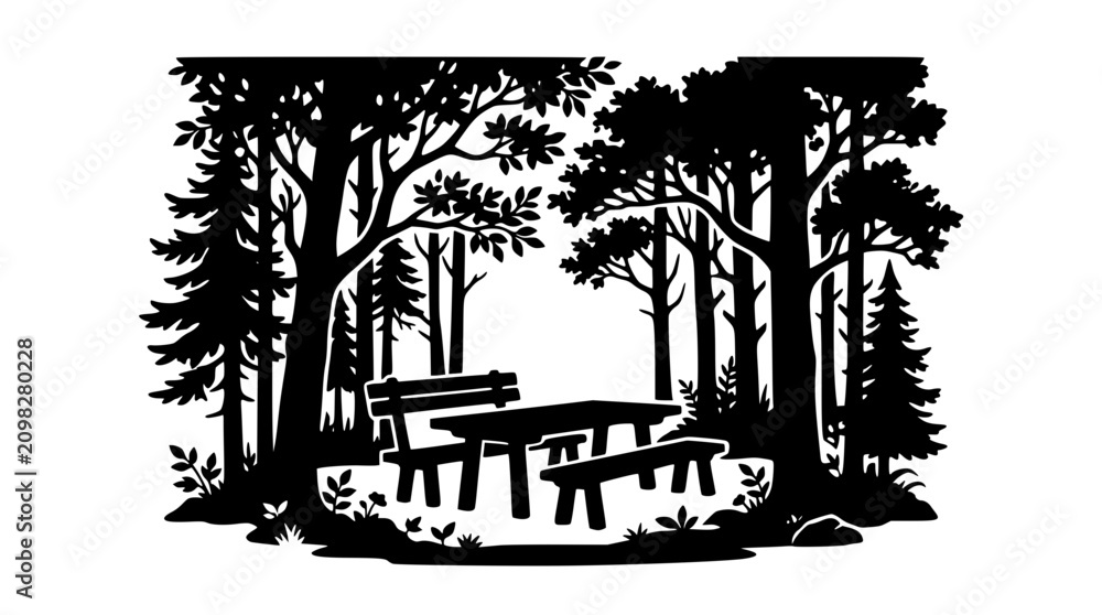 Obraz premium Forest Picnic Area Silhouette with Table and Benches