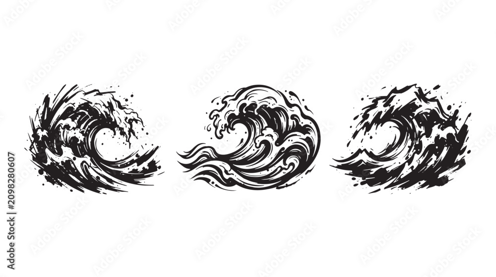Fototapeta premium Three distinct ocean wave in a graffiti black ink brush stroke style with splatter effects on a white background, for water themed