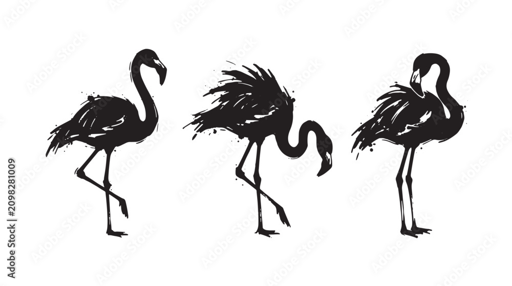 Obraz premium Three graffiti black ink silhouette of flamingos standing in different poses on a white background, featuring expressive brush strokes and paint splatters