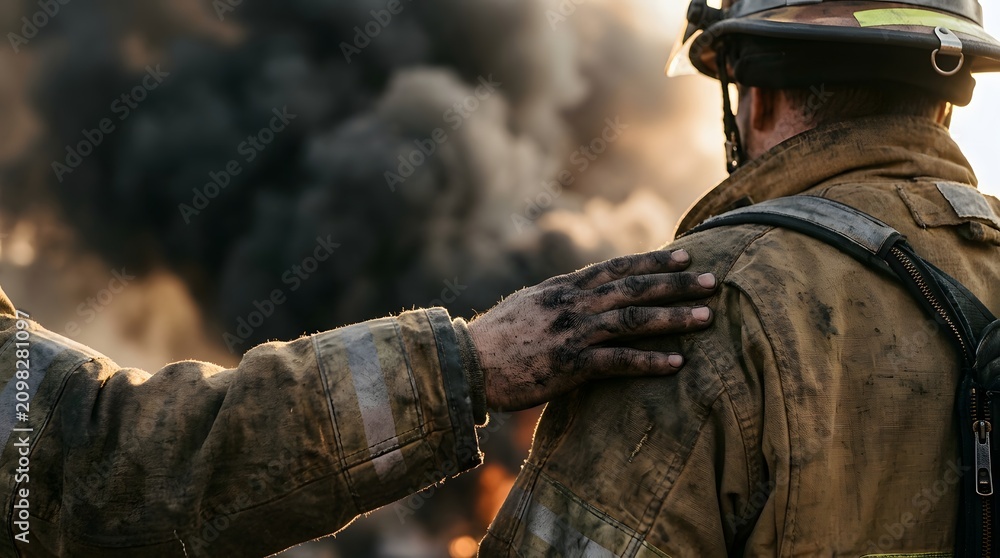 Fototapeta premium Firefighter Placing Sooty Hand on Colleague Shoulder to Support Team During Blazing House Fire
